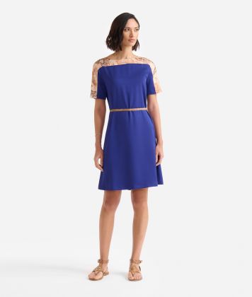 Hammered fabric and Geo Classic print twill shift dress Bluette