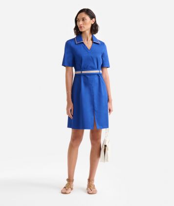 Stretch cotton gabardine dress with macramé trim Bluette