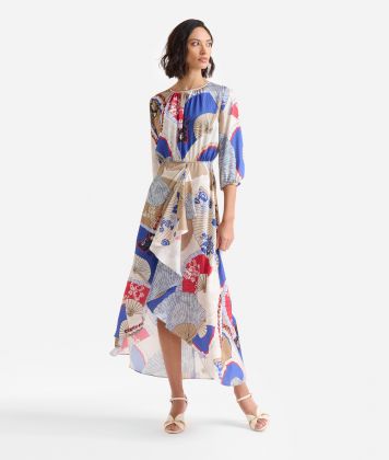 Geo Flamenco print twill dress Red and Bluette
