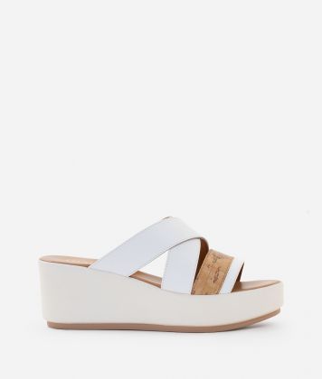 Napa-effect fabric wedge sandals White
