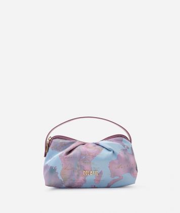 Geo Vintage print satin wash bag with handle Sky Blue
