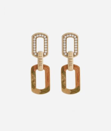 Rodeo Drive pendant earrings with white zircons and Geo print leather insert dipped in Yellow Gold