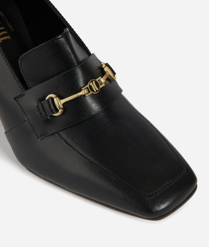 Smooth leather mocassin with heels and 1C light gold detail Black