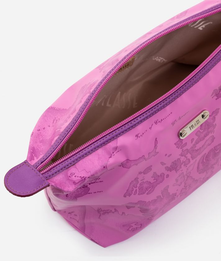 Trapezoid beauty case in mauve rubberized fabric